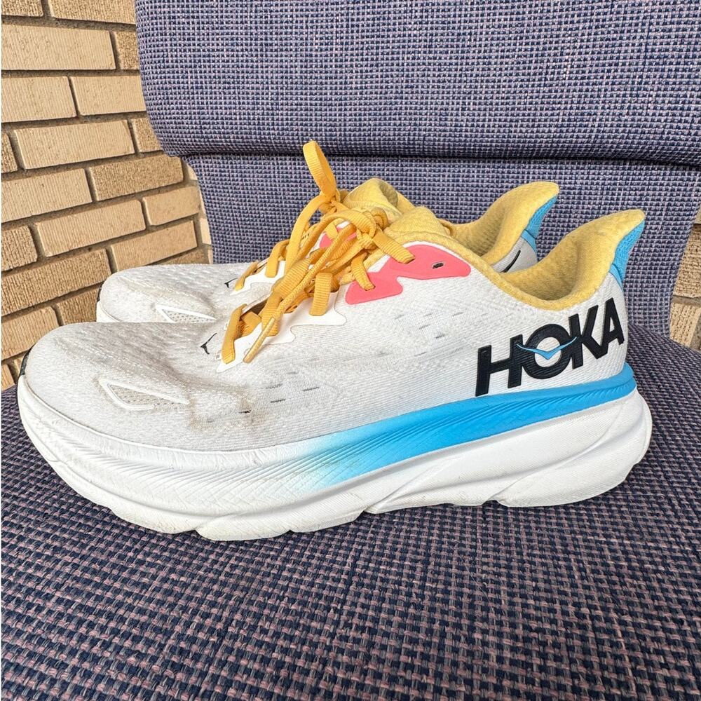 HOKA Clifton 9 Women’s Running Shoes Size 8.5 B White Blue Yellow Pink Sneakers